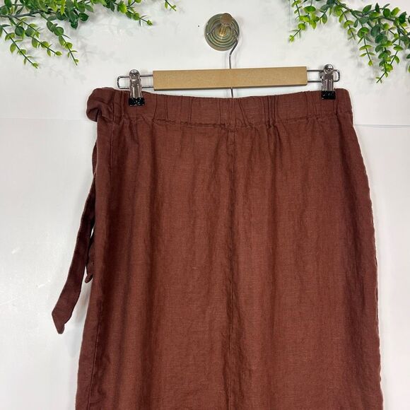 MNG Mango Midi Skirt Linen wrap Large Brown  Curved Tie Front Pencil Minimal L - Picture 9 of 16